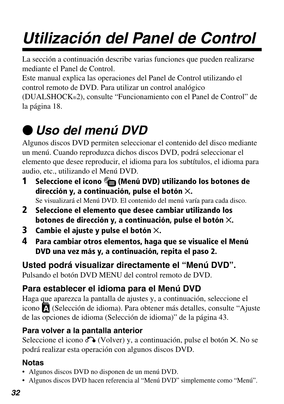 Utilización del panel de control, Zuso del menú dvd | Sony SCPH-97042 User Manual | Page 144 / 170