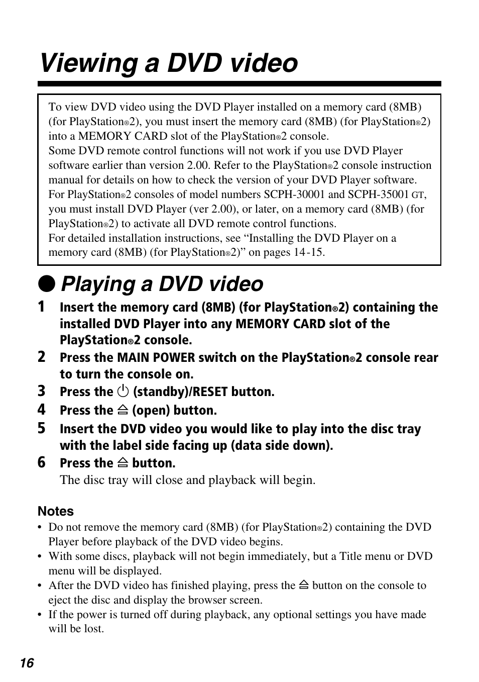 Viewing a dvd video, Zplaying a dvd video | Sony SCPH-97042 User Manual | Page 16 / 170