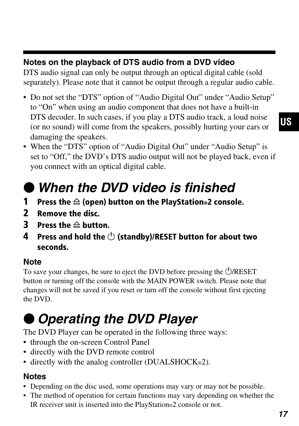 Zwhen the dvd video is finished, Zoperating the dvd player | Sony SCPH-97042 User Manual | Page 17 / 170