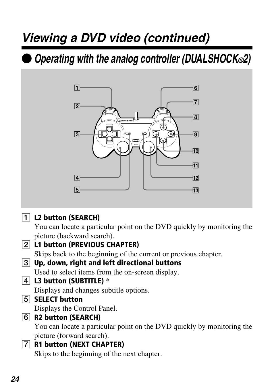 Zoperating with the analog controller (dualshock, Viewing a dvd video (continued) | Sony SCPH-97042 User Manual | Page 24 / 170