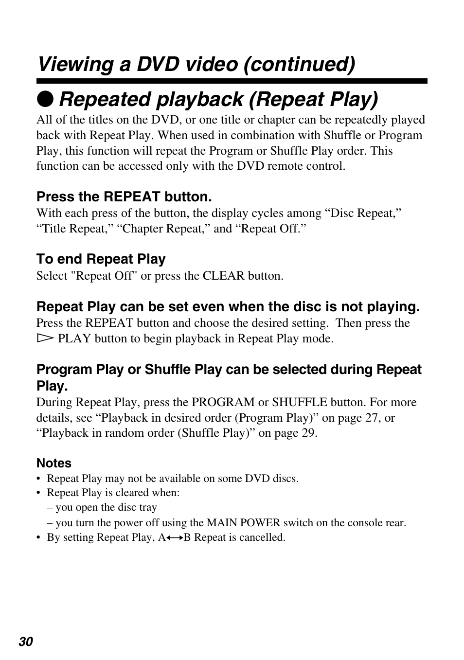 Zrepeated playback (repeat play), Viewing a dvd video (continued) | Sony SCPH-97042 User Manual | Page 30 / 170