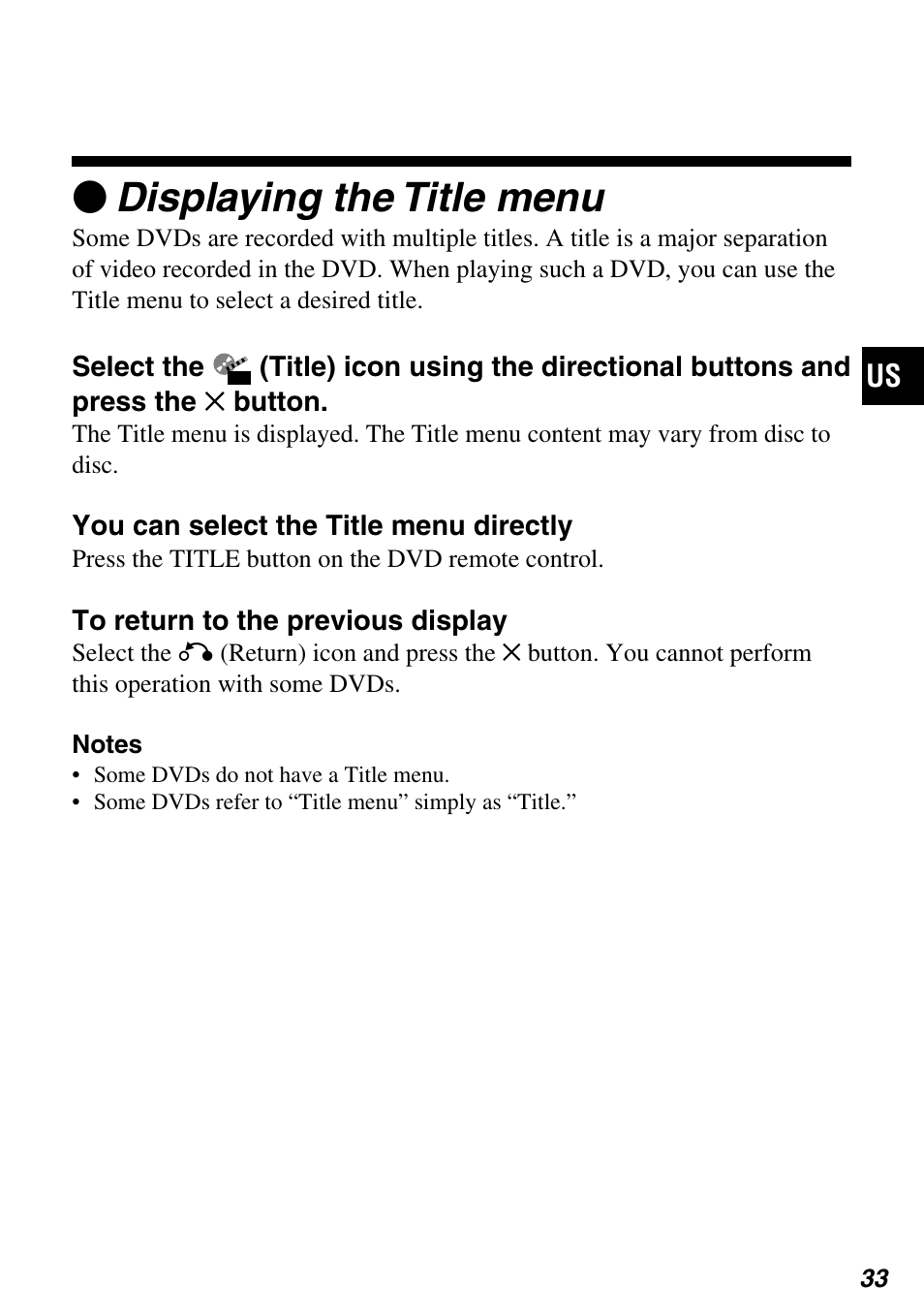 Zdisplaying the title menu | Sony SCPH-97042 User Manual | Page 33 / 170