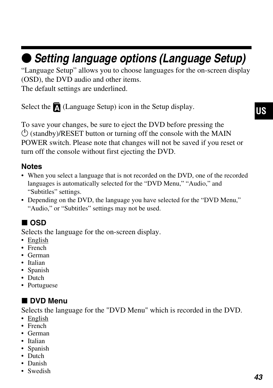 Zsetting language options (language setup) | Sony SCPH-97042 User Manual | Page 43 / 170