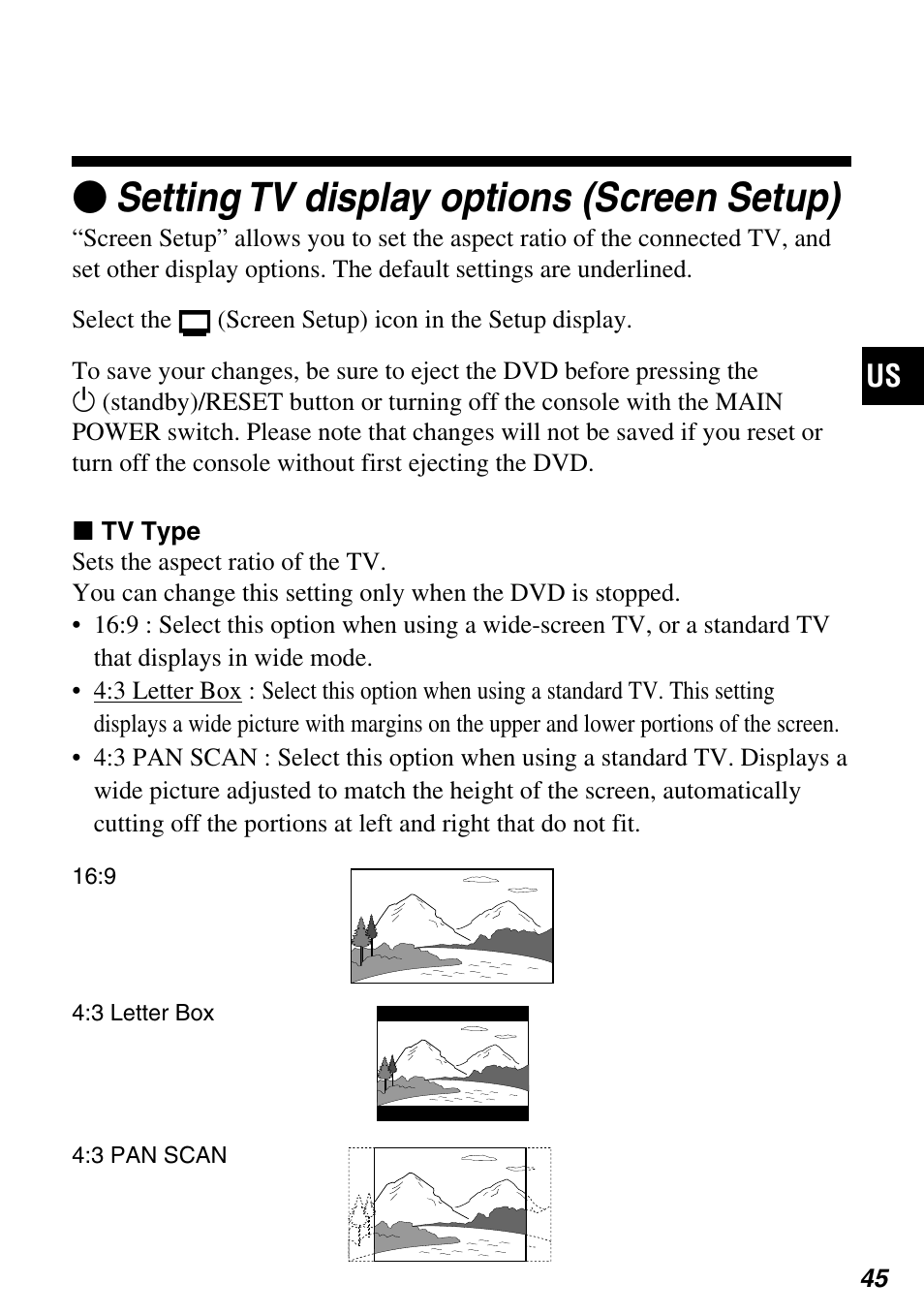 Zsetting tv display options (screen setup) | Sony SCPH-97042 User Manual | Page 45 / 170