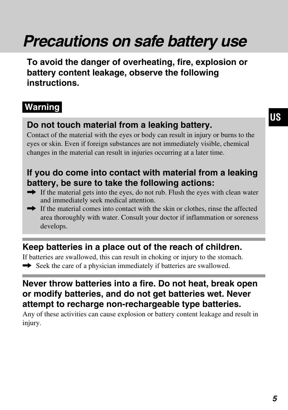 Precautions on safe battery use | Sony SCPH-97042 User Manual | Page 5 / 170