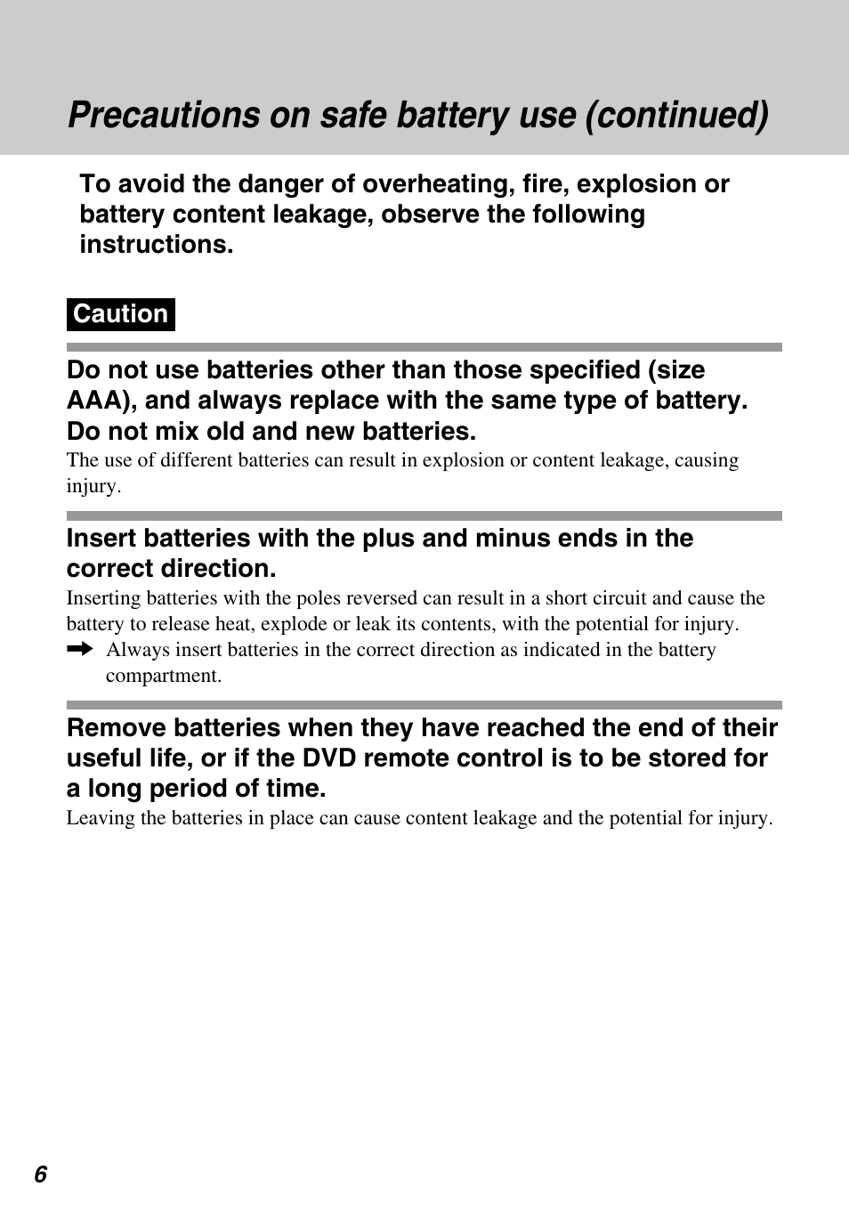 Precautions on safe battery use (continued) | Sony SCPH-97042 User Manual | Page 6 / 170