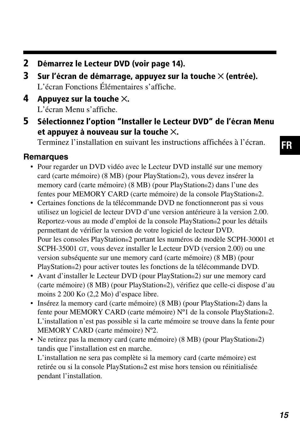 Fr 2, Démarrez le lecteur dvd (voir page 14), Appuyez sur la touche ✕ . l’écran menu s’affiche | Sony SCPH-97042 User Manual | Page 71 / 170