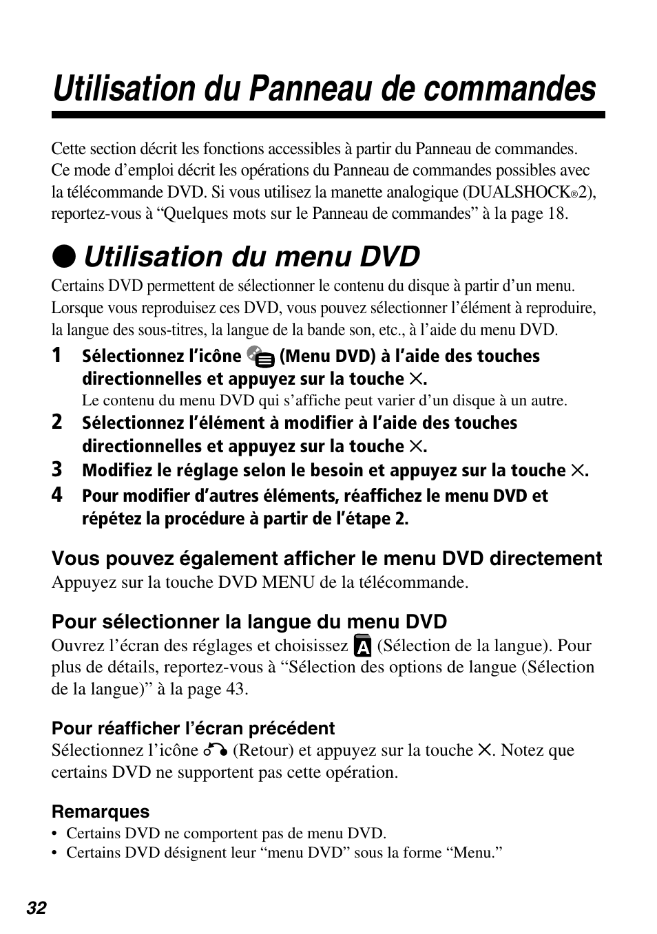 Utilisation du panneau de commandes, Zutilisation du menu dvd | Sony SCPH-97042 User Manual | Page 88 / 170