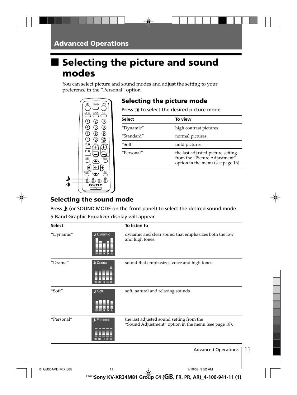 Advanced operations, Selecting the picture and sound modes, Selecting the sound mode | Selecting the picture mode | Sony wega KV-XR34 User Manual | Page 11 / 106