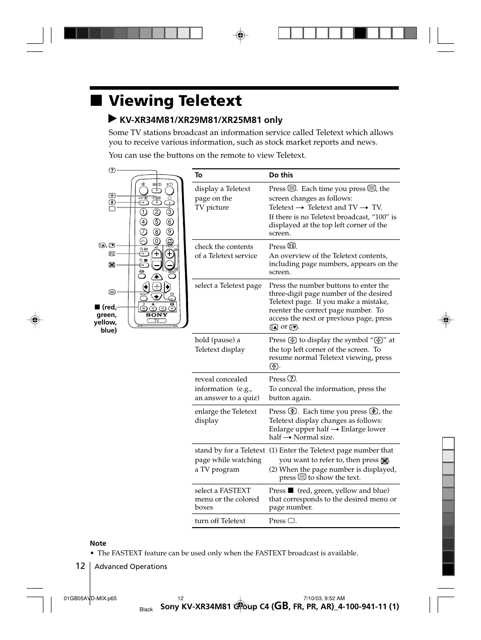 Xviewing teletext | Sony wega KV-XR34 User Manual | Page 12 / 106