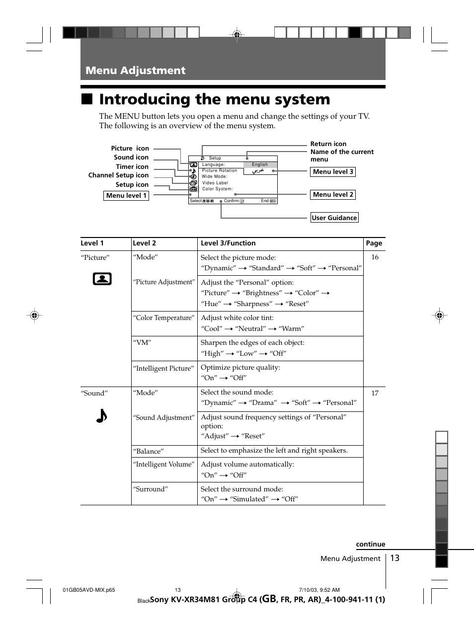 Menu adjustment, Introducing the menu system, Xintroducing the menu system | Sony wega KV-XR34 User Manual | Page 13 / 106