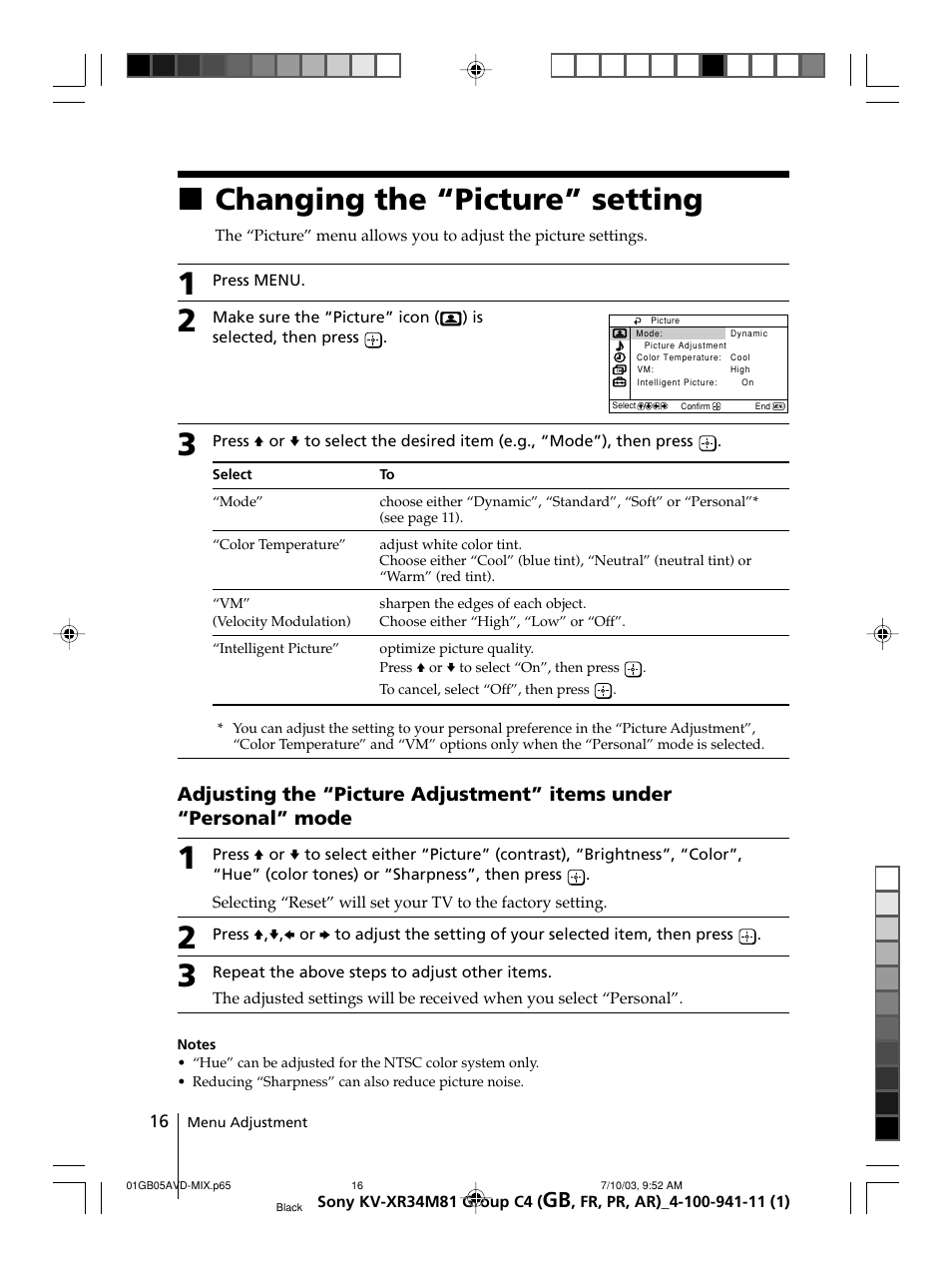 Changing the “picture” setting, Xchanging the “picture” setting | Sony wega KV-XR34 User Manual | Page 16 / 106