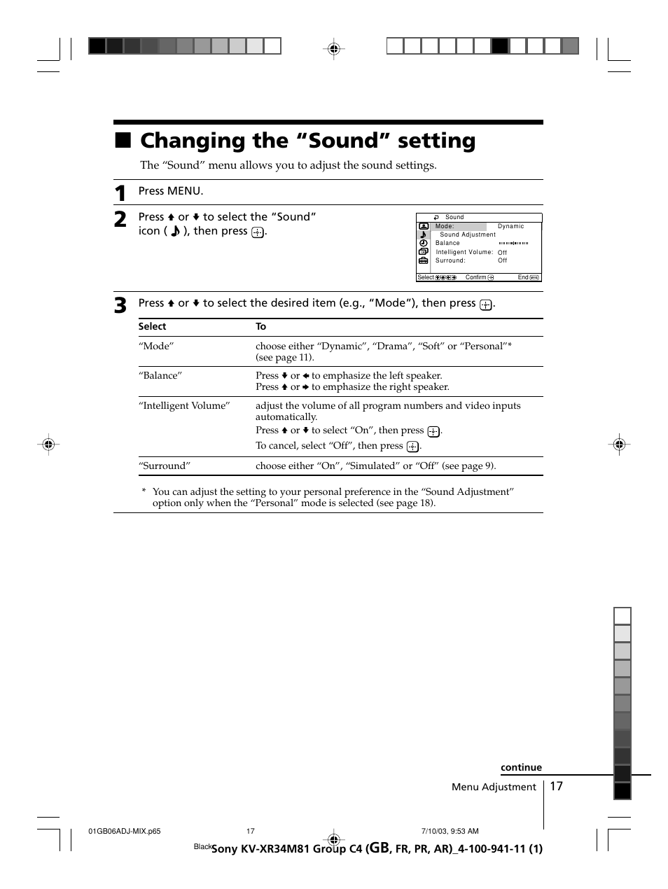 Changing the “sound” setting, Xchanging the “sound” setting | Sony wega KV-XR34 User Manual | Page 17 / 106