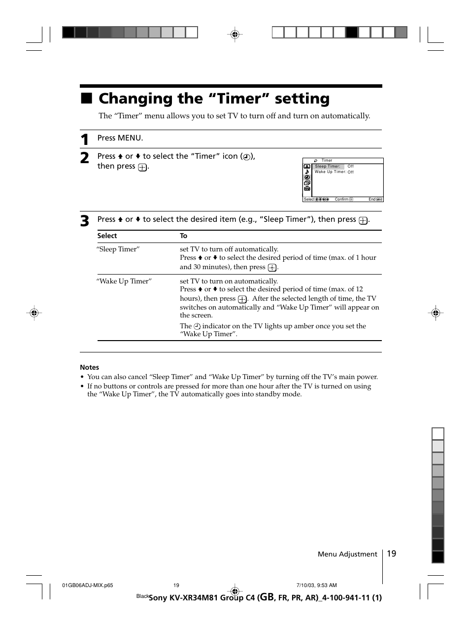 Changing the “timer” setting, Xchanging the “timer” setting | Sony wega KV-XR34 User Manual | Page 19 / 106