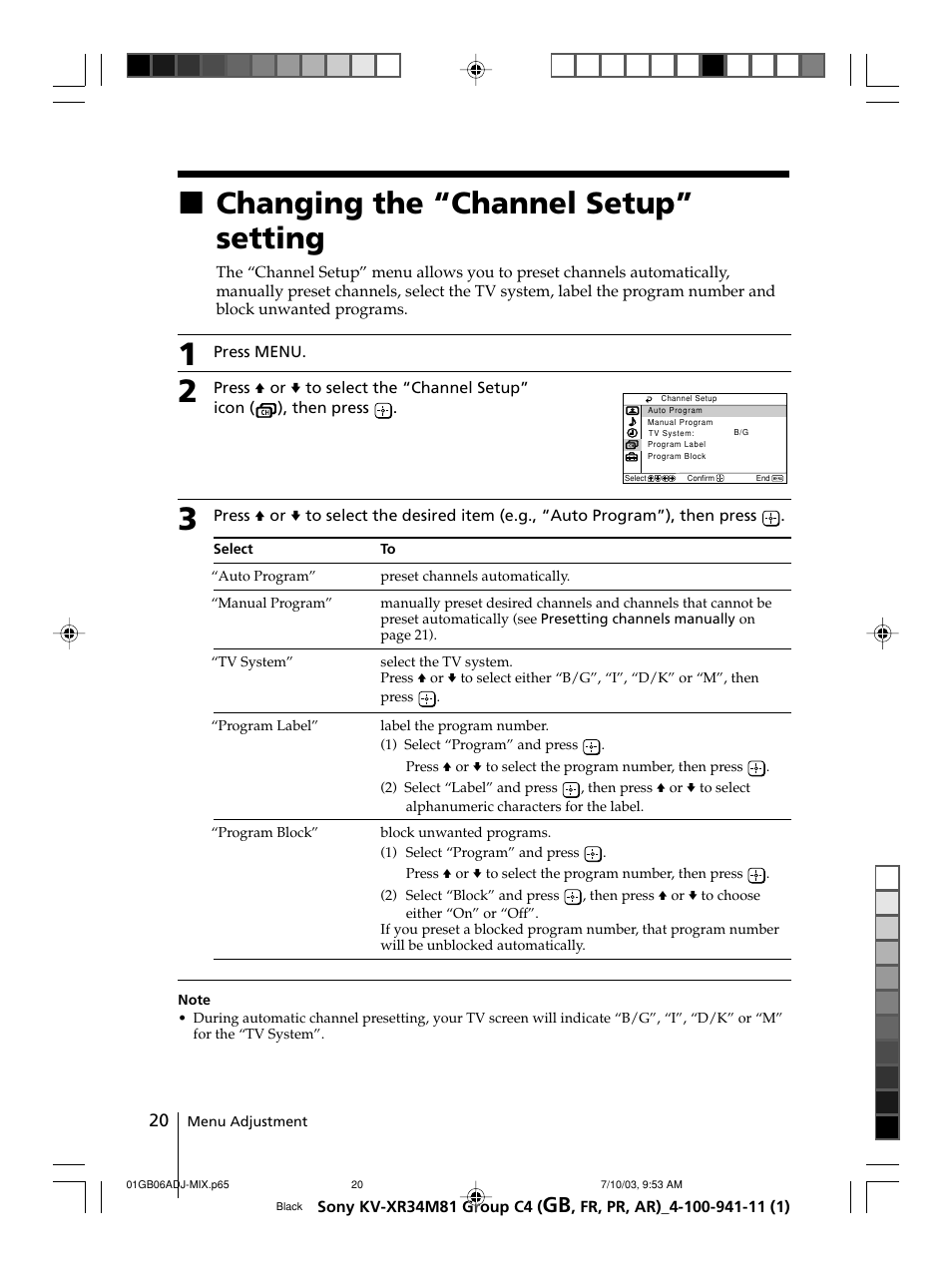 Changing the “channel setup” setting, Xchanging the “channel setup” setting | Sony wega KV-XR34 User Manual | Page 20 / 106