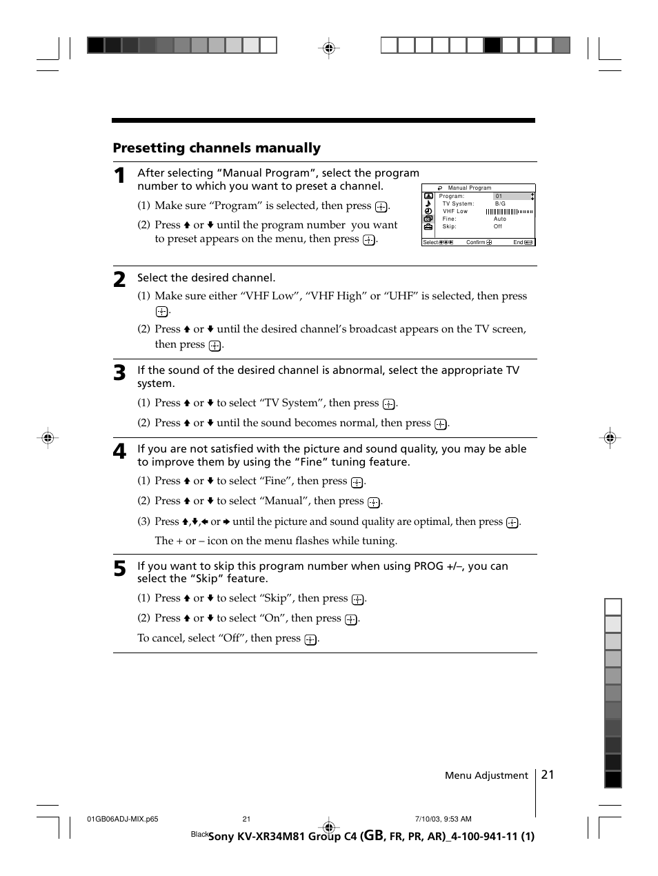 Sony wega KV-XR34 User Manual | Page 21 / 106