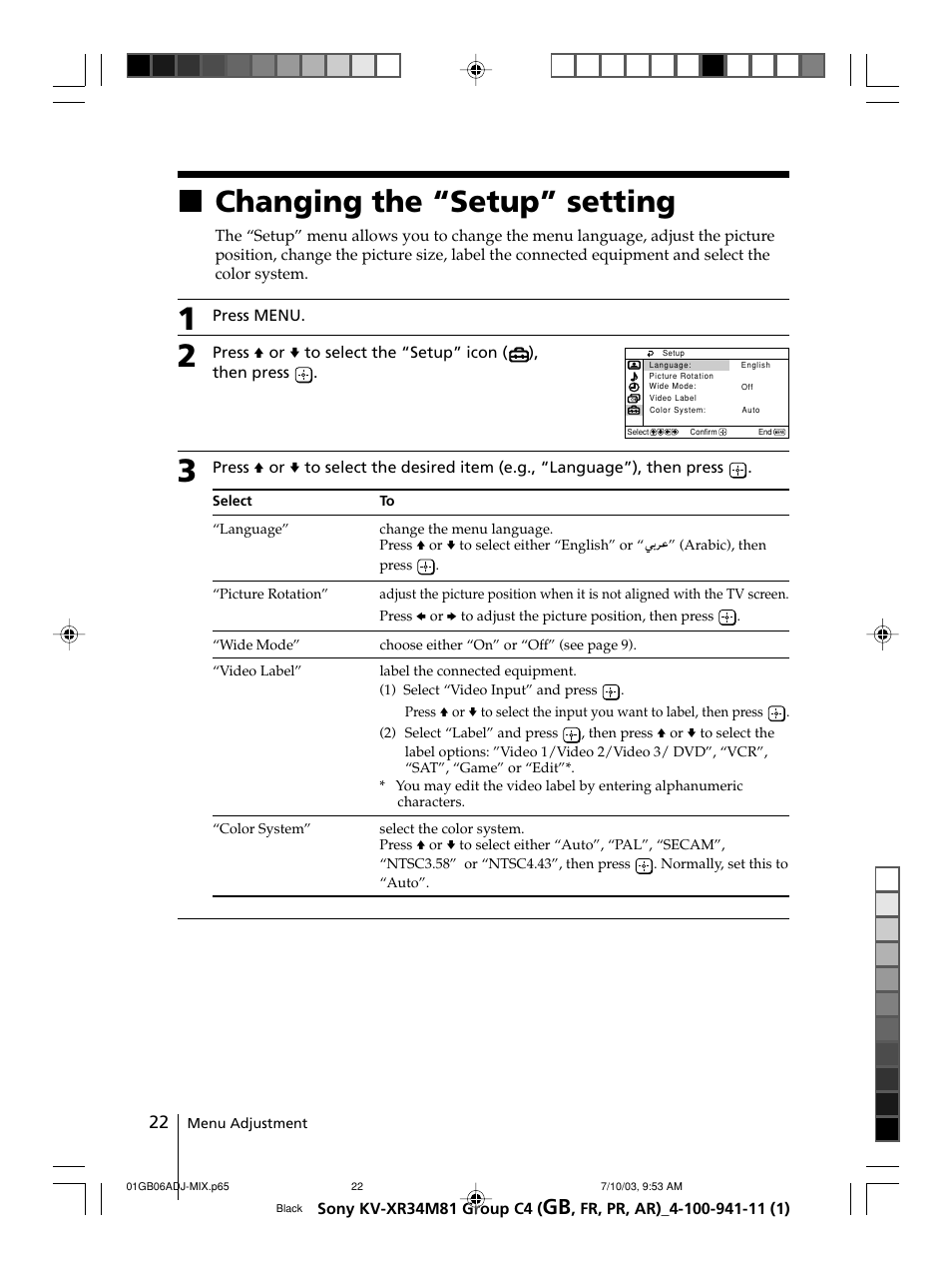 Changing the “setup” setting, Xchanging the “setup” setting | Sony wega KV-XR34 User Manual | Page 22 / 106