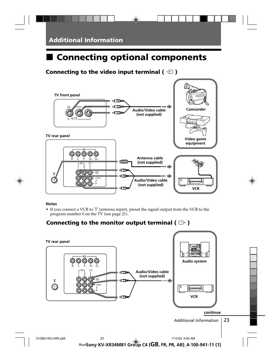 Additional information, Connecting optional components, Xconnecting optional components | Connecting to the video input terminal ( t ), Connecting to the monitor output terminal ( t ) | Sony wega KV-XR34 User Manual | Page 23 / 106