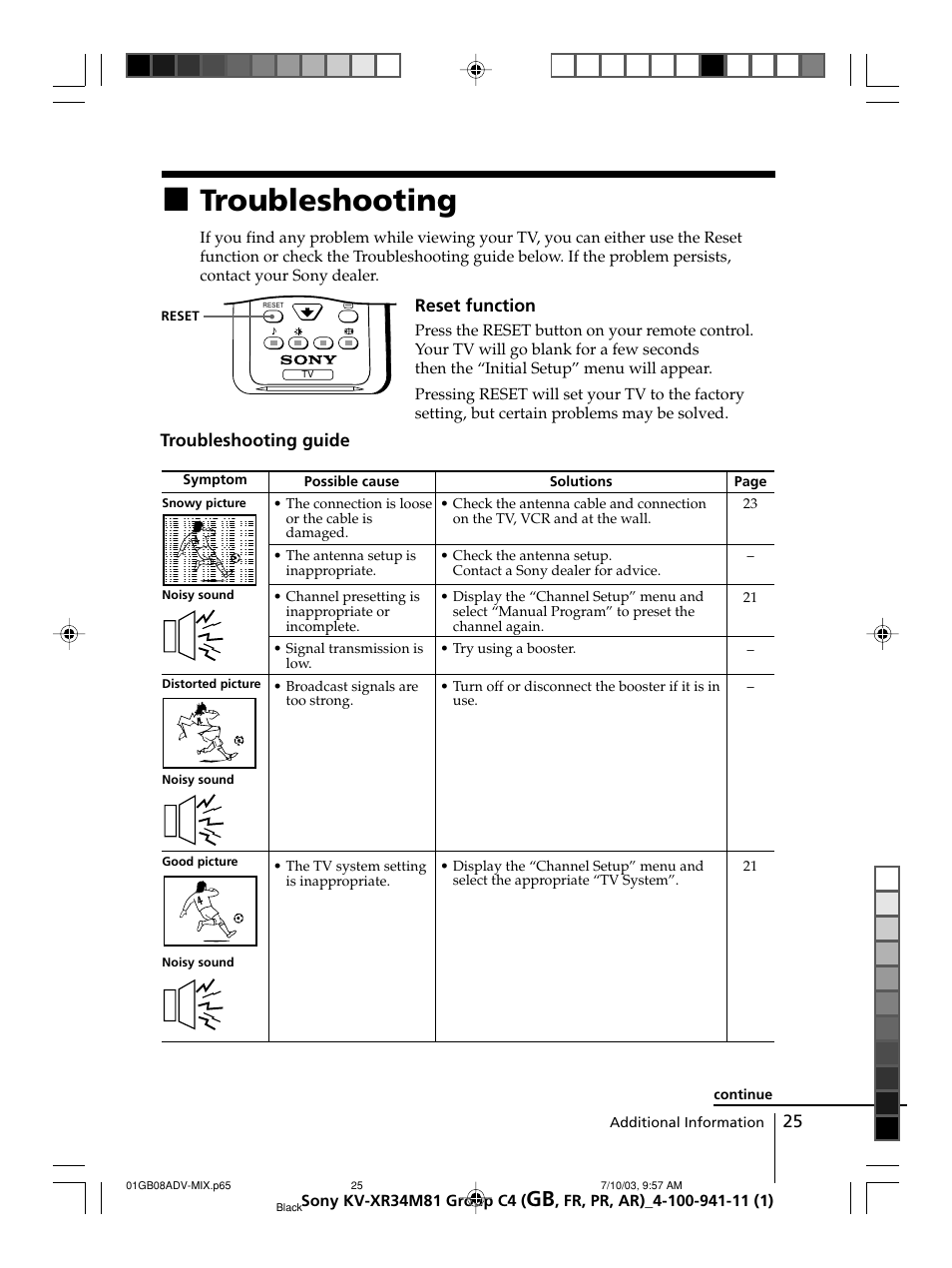 Troubleshooting | Sony wega KV-XR34 User Manual | Page 25 / 106