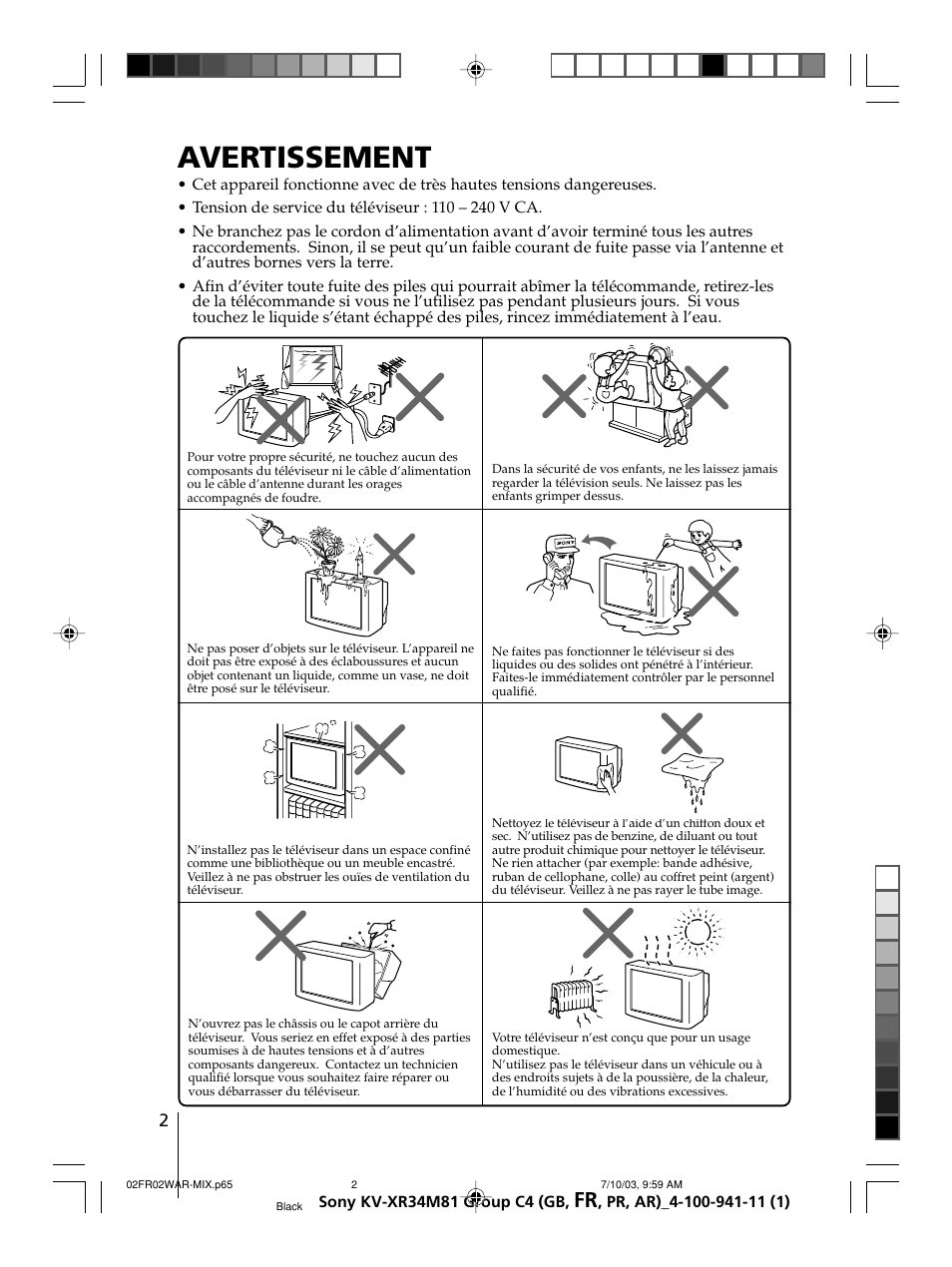 Avertissement | Sony wega KV-XR34 User Manual | Page 28 / 106