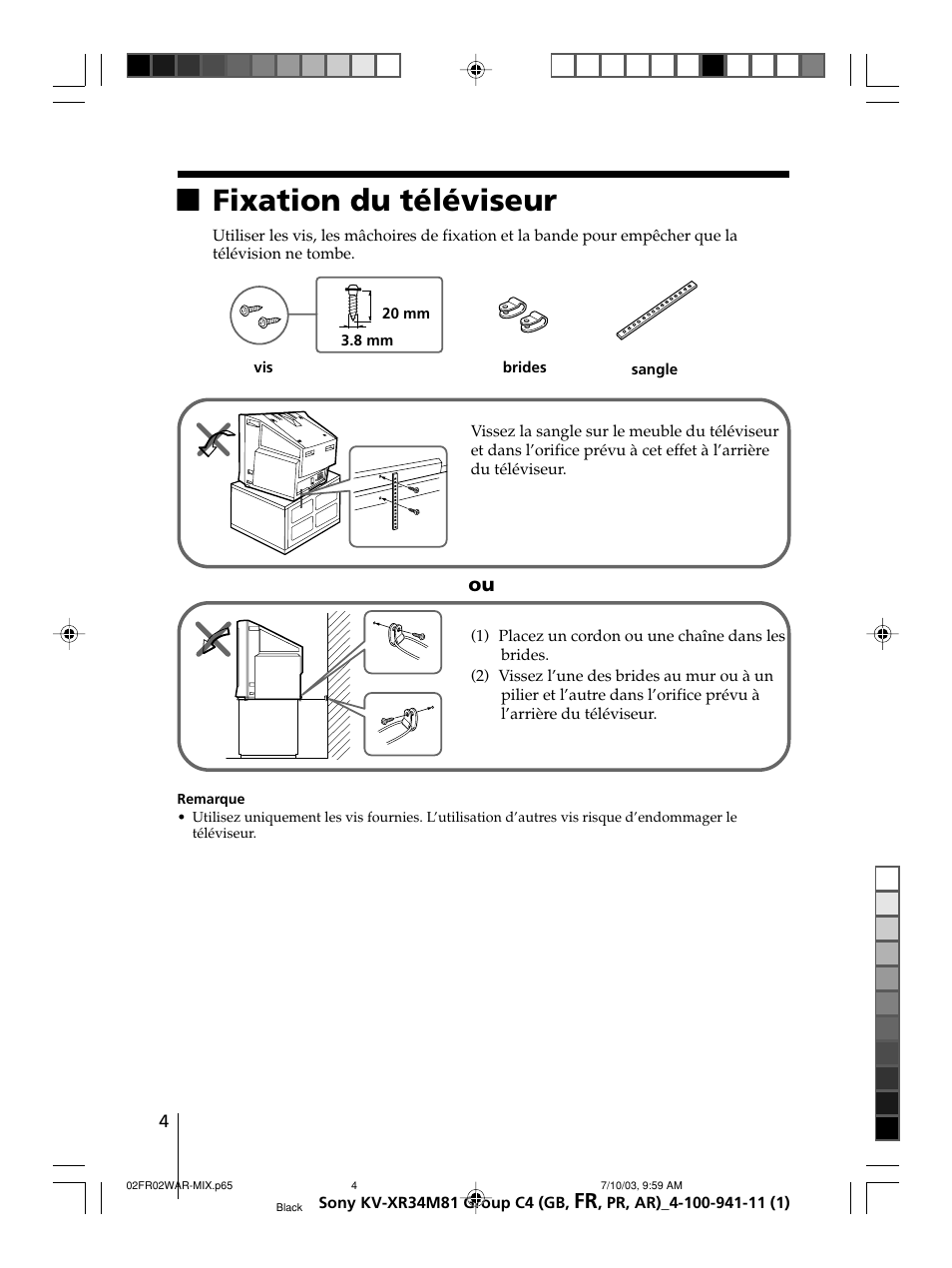 Xfixation du téléviseur | Sony wega KV-XR34 User Manual | Page 30 / 106