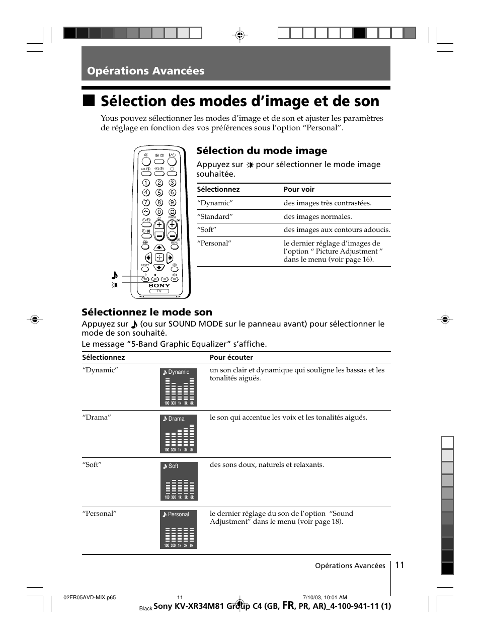 Opérations avancées, Sélection des modes d’image et de son, Sélection du mode image | Sélectionnez le mode son | Sony wega KV-XR34 User Manual | Page 37 / 106