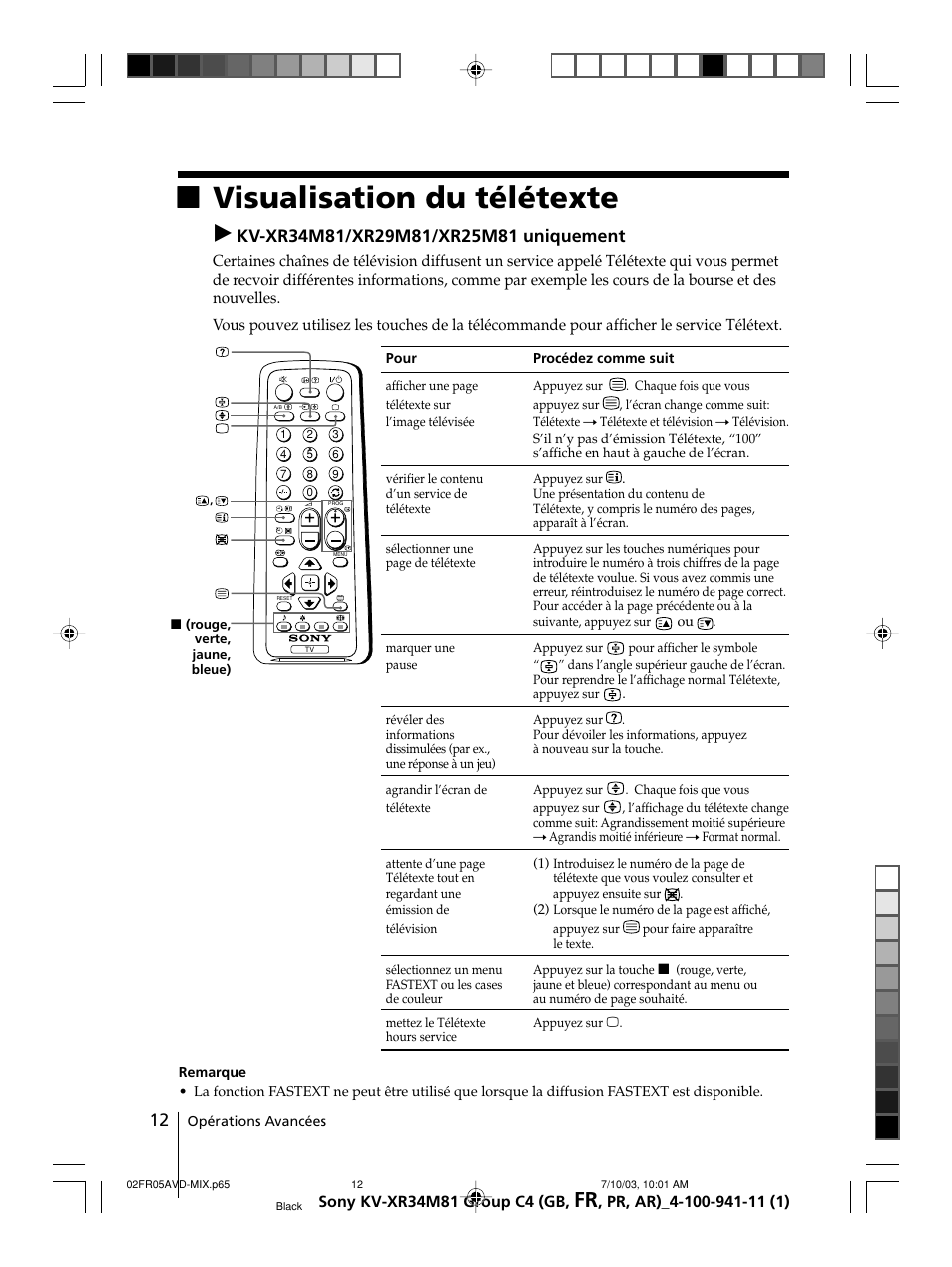 Xvisualisation du télétexte | Sony wega KV-XR34 User Manual | Page 38 / 106