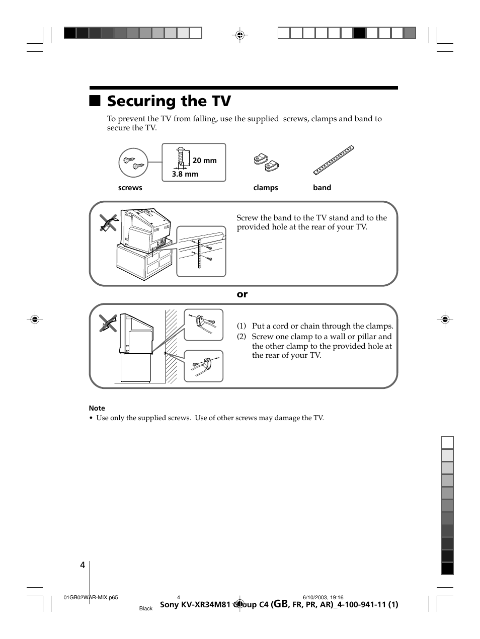 Xsecuring the tv | Sony wega KV-XR34 User Manual | Page 4 / 106