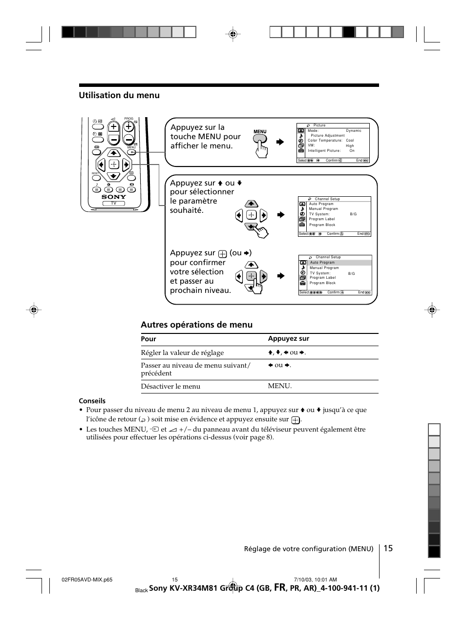 Utilisation du menu autres opérations de menu, Réglage de votre configuration (menu) | Sony wega KV-XR34 User Manual | Page 41 / 106