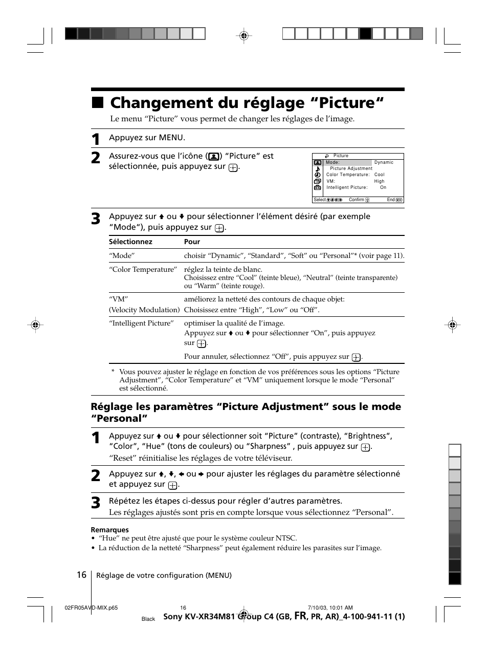 Changement du réglage “picture, Xchangement du réglage “picture | Sony wega KV-XR34 User Manual | Page 42 / 106