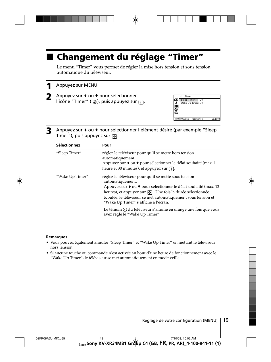 Changement du réglage “timer, Xchangement du réglage “timer | Sony wega KV-XR34 User Manual | Page 45 / 106