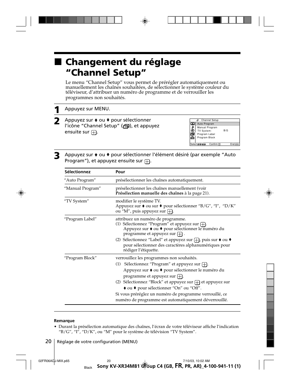 Changement du réglage “channel setup, Xchangement du réglage “channel setup | Sony wega KV-XR34 User Manual | Page 46 / 106