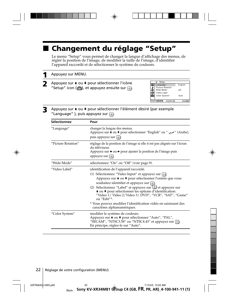 Changement du réglage “setup, Xchangement du réglage “setup | Sony wega KV-XR34 User Manual | Page 48 / 106