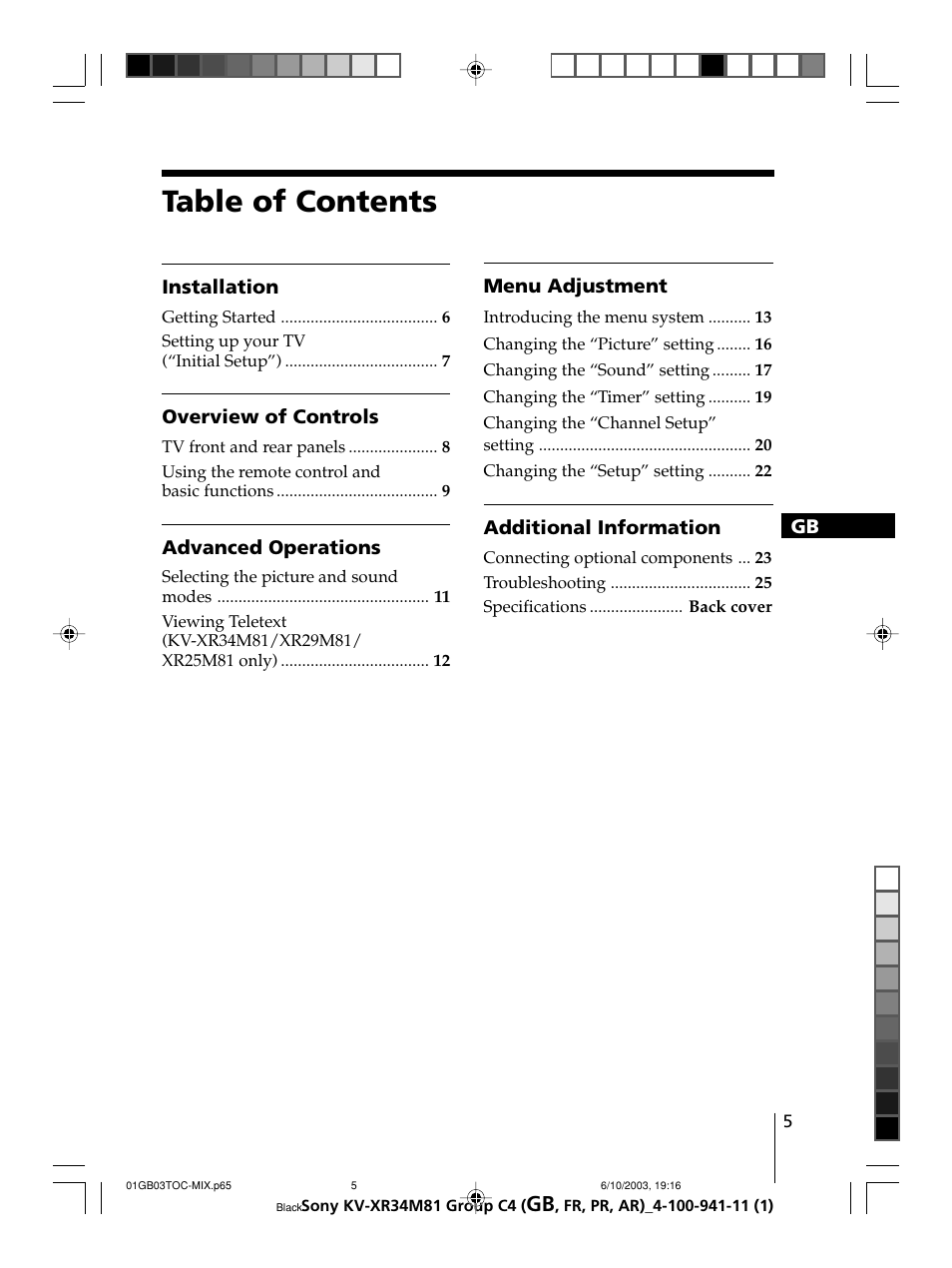 Sony wega KV-XR34 User Manual | Page 5 / 106