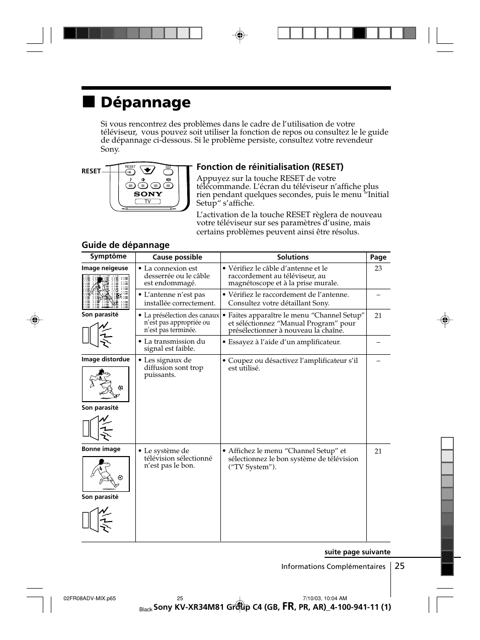 Dépannage | Sony wega KV-XR34 User Manual | Page 51 / 106