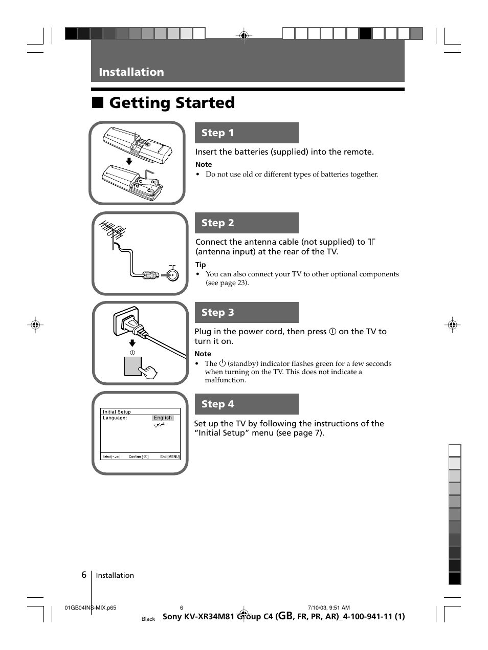 Installation, Getting started, Xgetting started | Sony wega KV-XR34 User Manual | Page 6 / 106