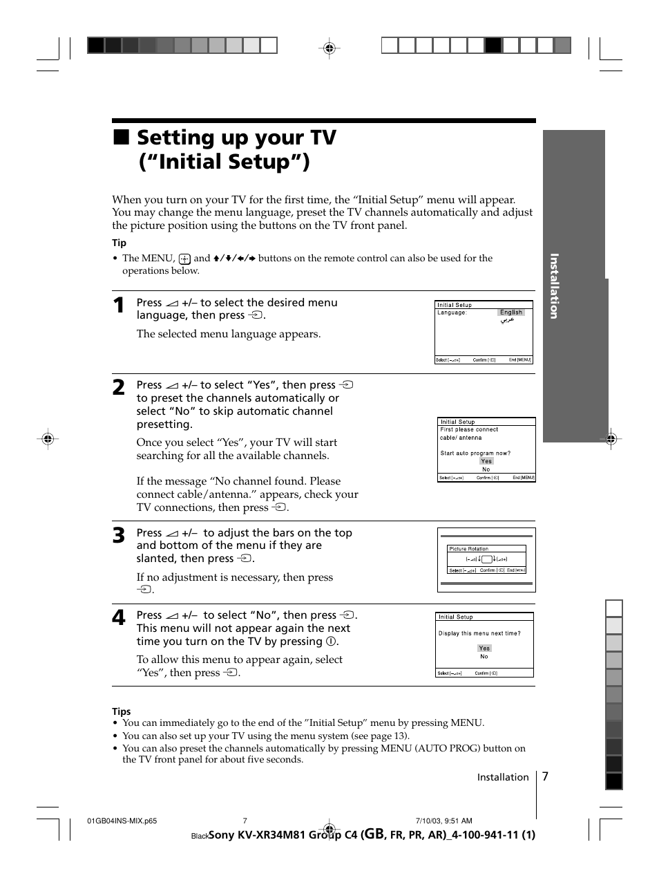 Setting up your tv (“initial setup”), Xsetting up your tv (“initial setup”) | Sony wega KV-XR34 User Manual | Page 7 / 106