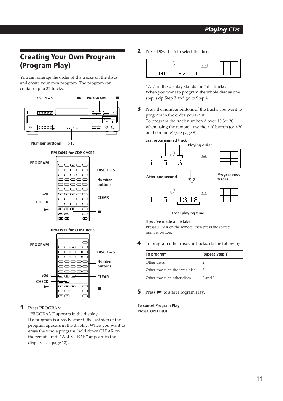 Creating your own program (program play), Playing cds | Sony CDP-CA9ES User Manual | Page 11 / 20