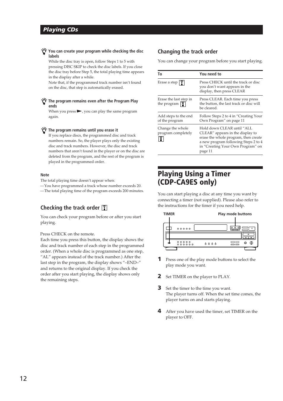 Playing using a timer (cdp-ca9es only), Playing cds, Checking the track order | Changing the track order | Sony CDP-CA9ES User Manual | Page 12 / 20