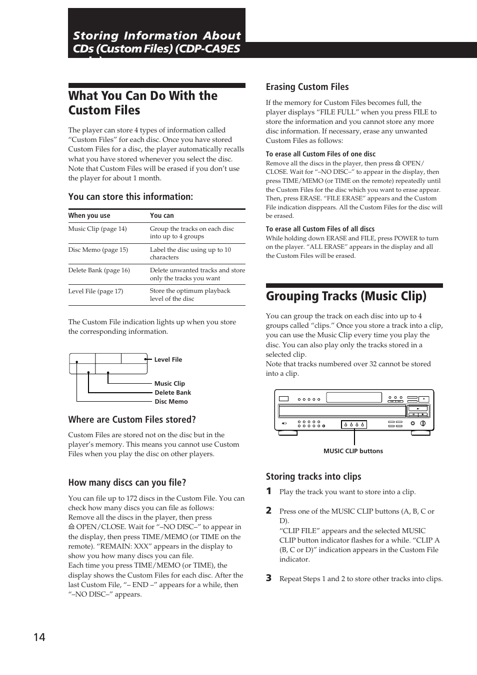 What you can do with the custom files, Grouping tracks (music clip), You can store this information | Erasing custom files, Storing tracks into clips 1, Where are custom files stored, How many discs can you file | Sony CDP-CA9ES User Manual | Page 14 / 20