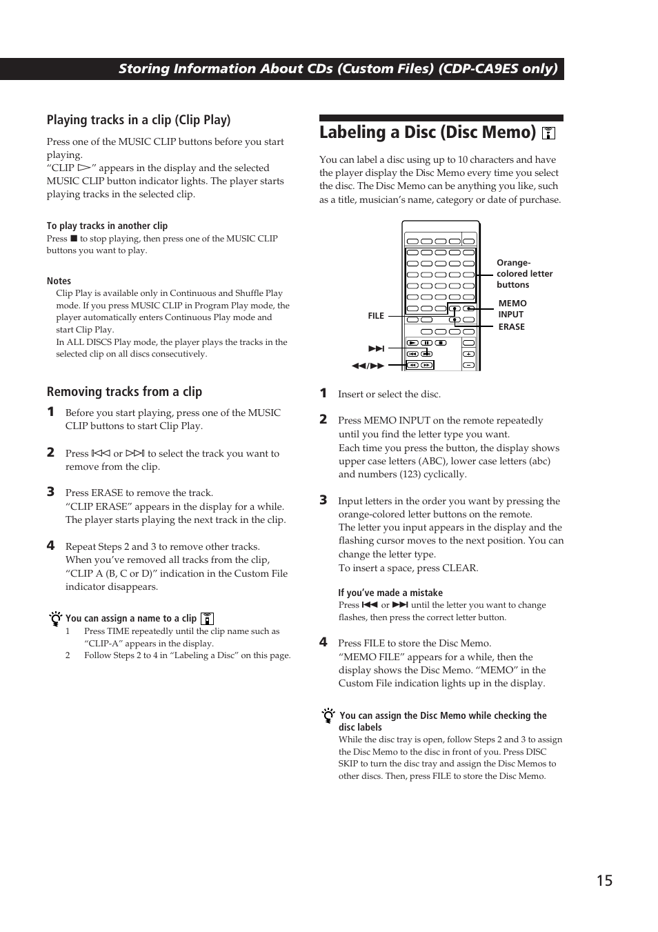 Playing tracks in a clip (clip play), Removing tracks from a clip 1 | Sony CDP-CA9ES User Manual | Page 15 / 20