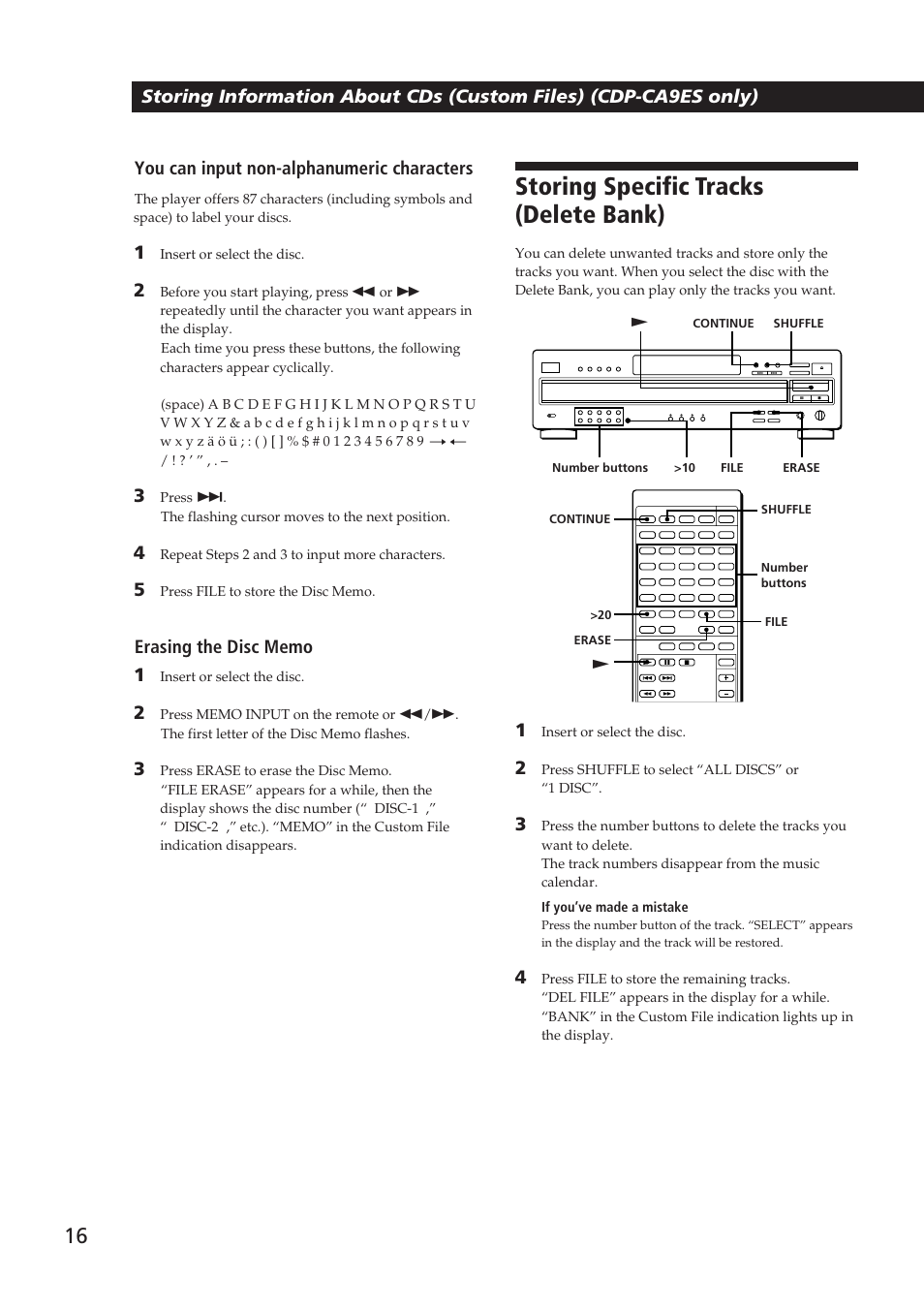 Storing specific tracks (delete bank), You can input non-alphanumeric characters | Sony CDP-CA9ES User Manual | Page 16 / 20