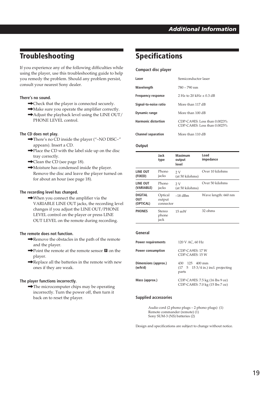 Troubleshooting, Specifications, Additional information | Sony CDP-CA9ES User Manual | Page 19 / 20