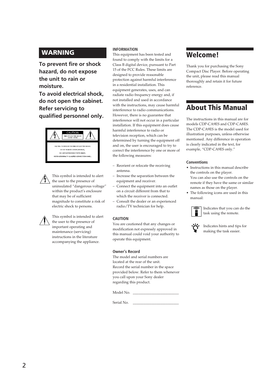 Welcome, About this manual, 2warning | Sony CDP-CA9ES User Manual | Page 2 / 20
