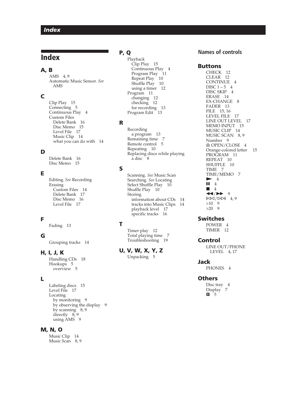 Index, Additional information, A, b | H, i, j, k, M, n, o, Names of controls buttons, Switches, Control, Jack, Others | Sony CDP-CA9ES User Manual | Page 20 / 20