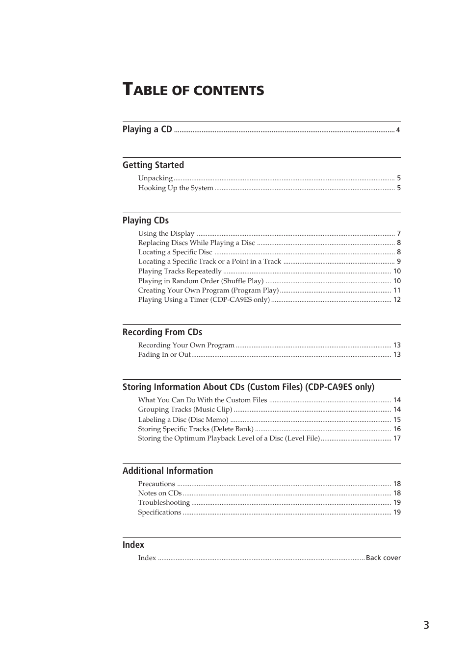 Able of contents | Sony CDP-CA9ES User Manual | Page 3 / 20