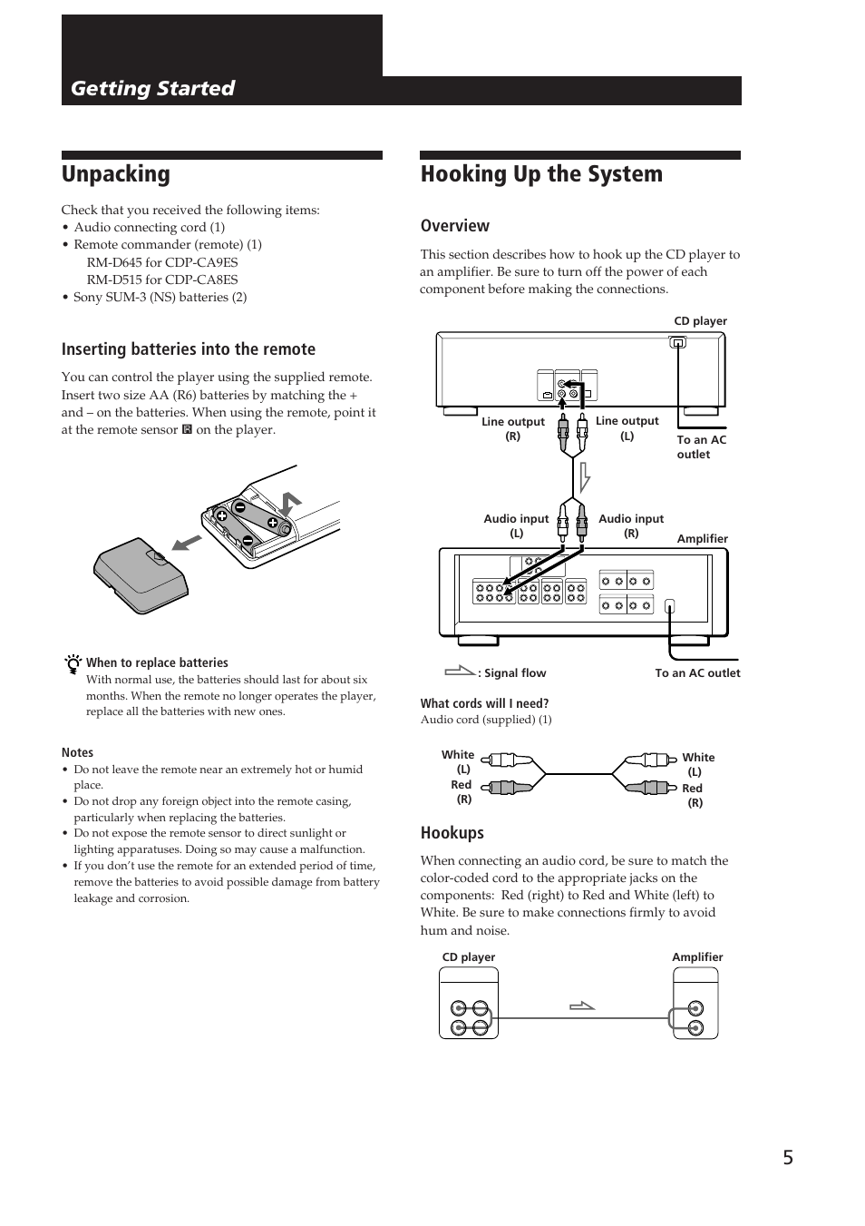 Unpacking, Hooking up the system, Getting started | Inserting batteries into the remote, Overview, Hookups | Sony CDP-CA9ES User Manual | Page 5 / 20