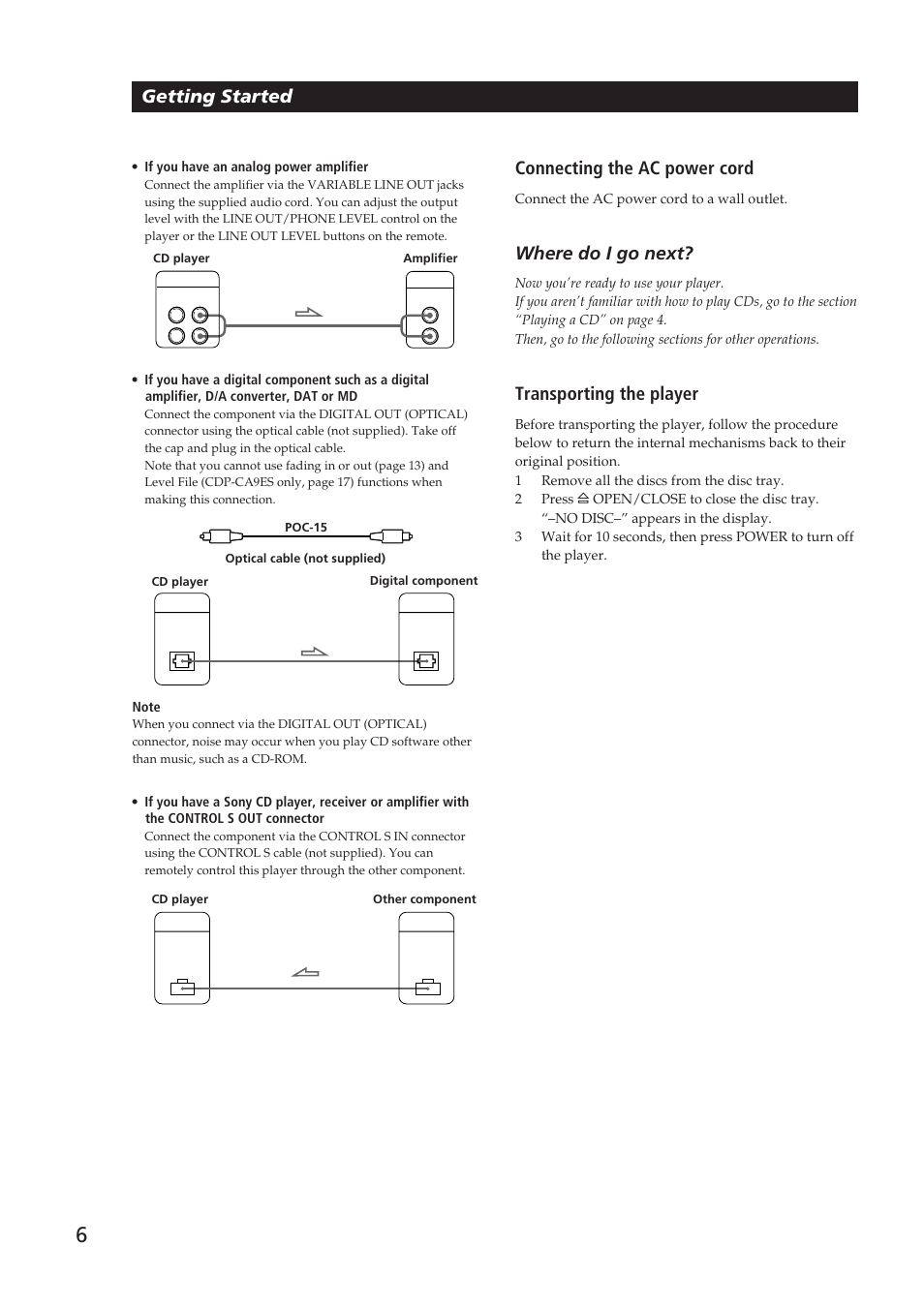 Getting started, Connecting the ac power cord, Where do i go next | Transporting the player | Sony CDP-CA9ES User Manual | Page 6 / 20