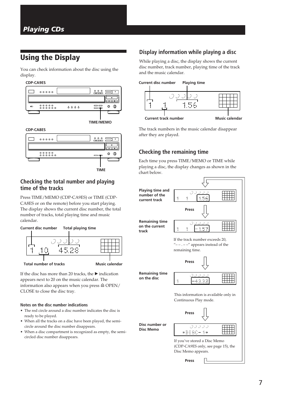 Using the display, Playing cds, Display information while playing a disc | Checking the remaining time | Sony CDP-CA9ES User Manual | Page 7 / 20