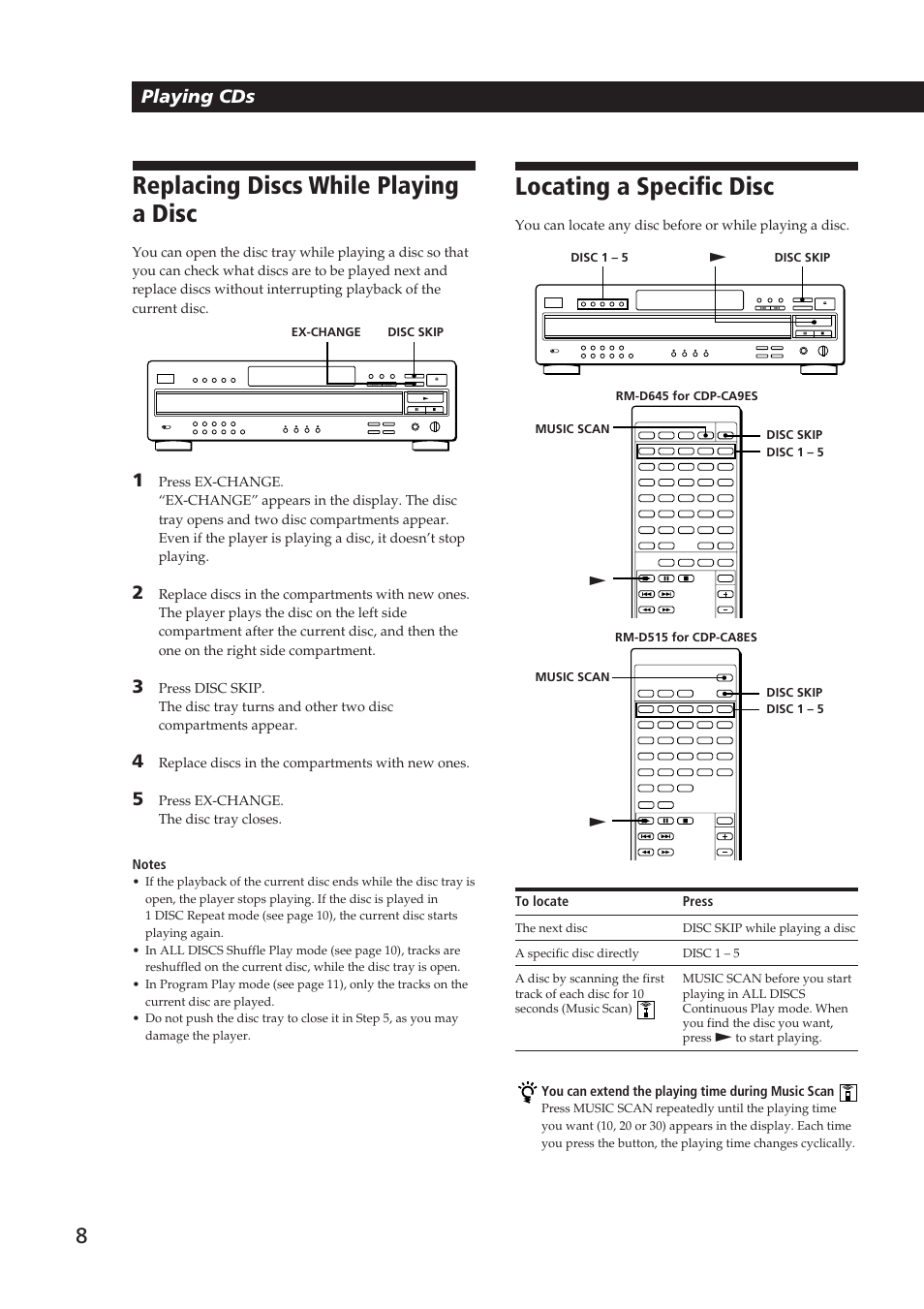 Replacing discs while playing a disc, Locating a specific disc, Playing cds | Sony CDP-CA9ES User Manual | Page 8 / 20